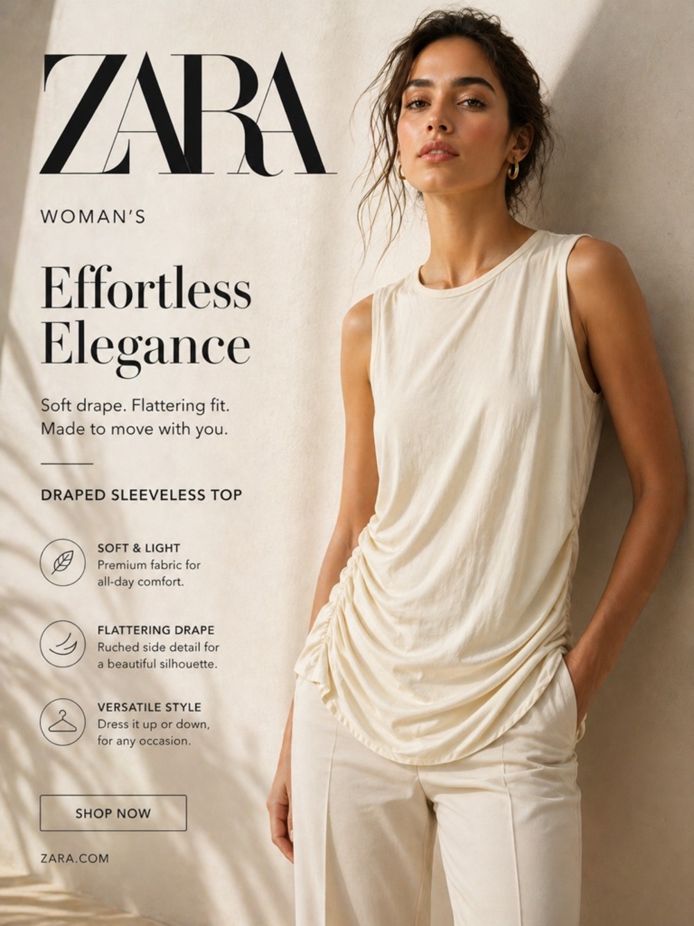 ZARA‎ Cream Ruched Sleeveless Draped Tank Top med